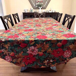 VTG Holiday Tablecloth Oval 56X84 Colorful Poinsettias Forest Birds Christmas